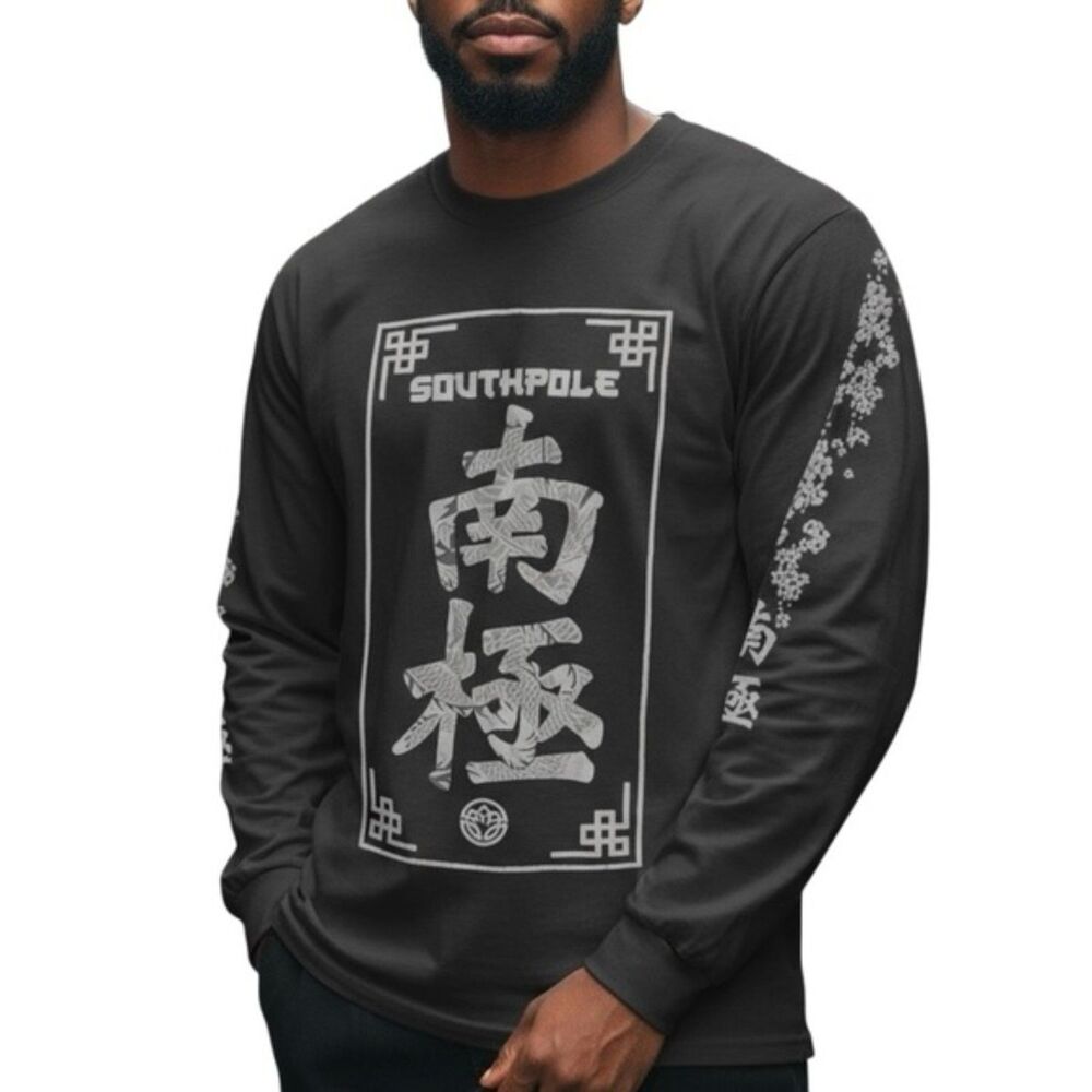 Southpole Men’s Kanji Graphic Long Sleeve T-Shirt in Black | Size Medium